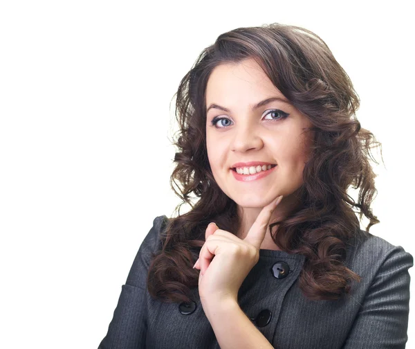 Atraktivní usměvavá mladá žena v šedé podnikání šaty, drží — Stock fotografie