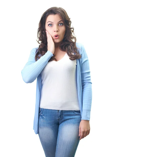 Surprised attractive young woman in a blue shirt. — Stock Photo, Image