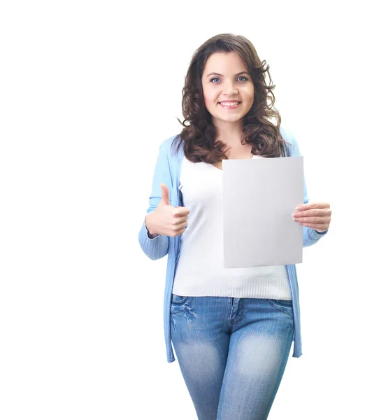 Attractive smiling young woman in a blue shirt holding in her le — Stok fotoğraf