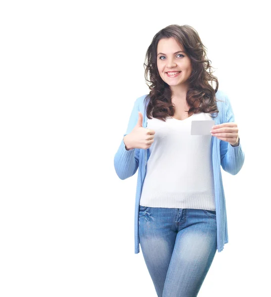 Attractive smiling young woman in a blue shirt holding in her le — Stok fotoğraf