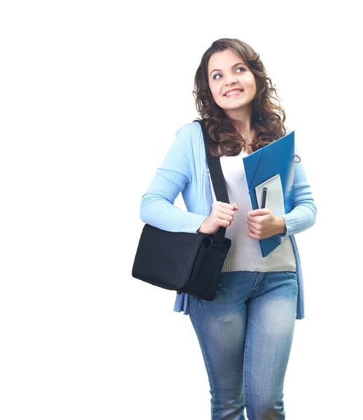 Attraente giovane donna sorridente con una camicia blu che tiene piega blu — Foto Stock