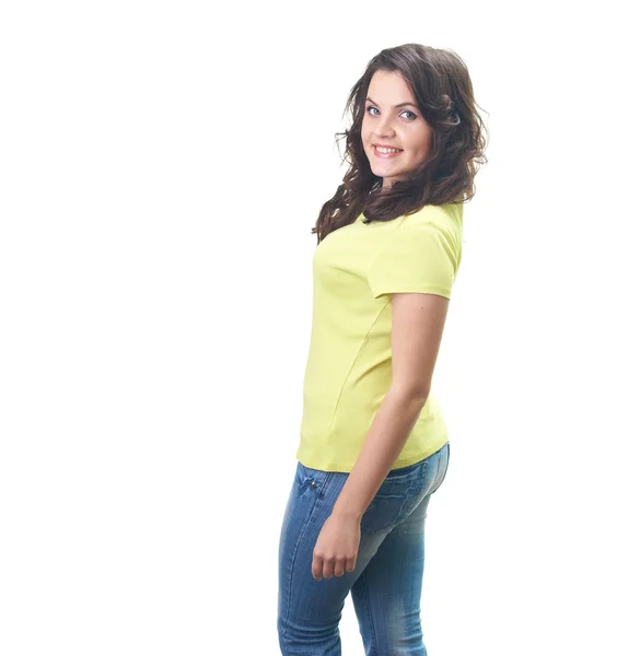 Attractive smiling young woman in a yellow shirt. — Stock Photo, Image