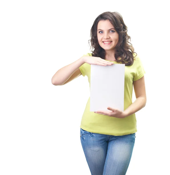 Attractive smiling young woman in a yellow shirt holding a poste — Stock Photo, Image