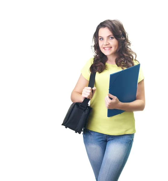 Attractive smiling young woman in a yellow shirt holding a blue — Stock Photo, Image