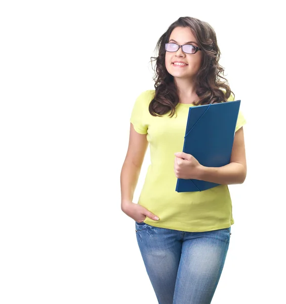 Attractive smiling young woman in a yellow shirt and glasses hol — Stock Photo, Image