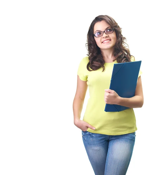 Attraktive lächelnde junge Frau in gelbem Hemd und Brille — Stockfoto