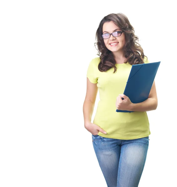 Attraktive lächelnde junge Frau in gelbem Hemd und Brille — Stockfoto