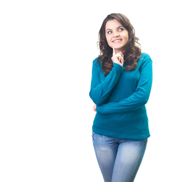 Attractive smiling young woman in a blue shirt holding her finge — Stock Photo, Image