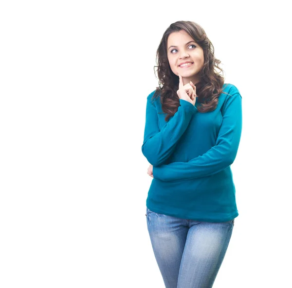 Aantrekkelijke lachende jonge vrouw in een blauw shirt houden haar finge — Stockfoto