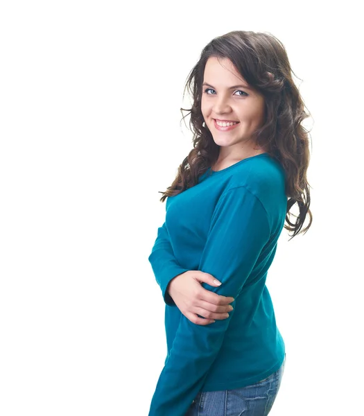 Attractive smiling young woman in a blue shirt. — Stock Photo, Image