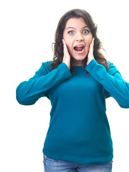 Surpreendido atraente jovem mulher em uma camisa azul . — Fotografia de Stock