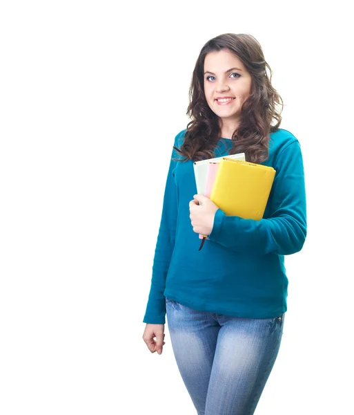 Attractive smiling young woman in a blue shirt holding a colorfu — Stock Photo, Image