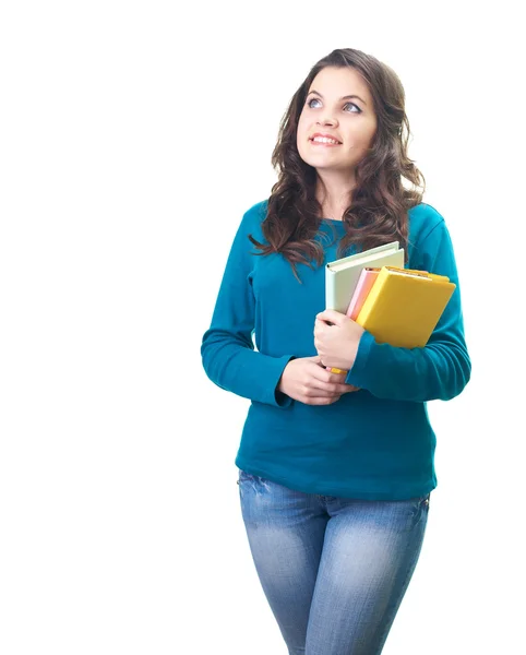 Gelukkig lachende jonge vrouw in een blauw shirt houden een kleurrijke boo — Stockfoto