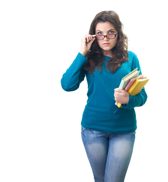 Attractive young woman in a blue shirt and glasses holding a co — Stock Photo, Image