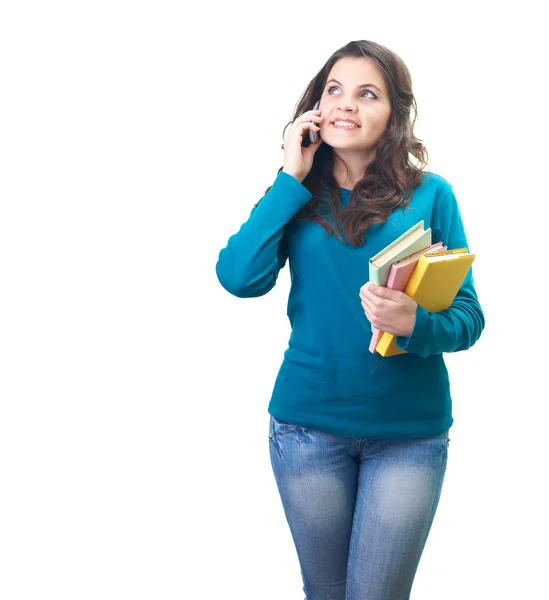 Attraktive lächelnde junge Frau im blauen Hemd, die über einen Mobi spricht — Stockfoto