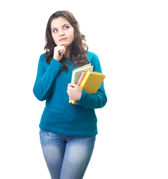 Attraktive junge Frau im blauen Hemd hält ein buntes Buch in der Hand — Stockfoto