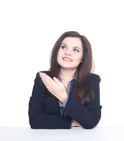 Attractive smiling young woman in a black jacket and blouse sitt — Stock Photo, Image