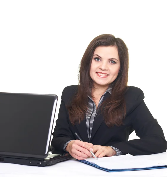 Attractive smiling young woman in black jacket sitting at a tabl — Stock Photo, Image