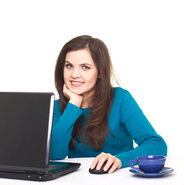 mavi gömlekli dizüstü bilgisayarda çalışma çekici gülümseyen genç kadın.