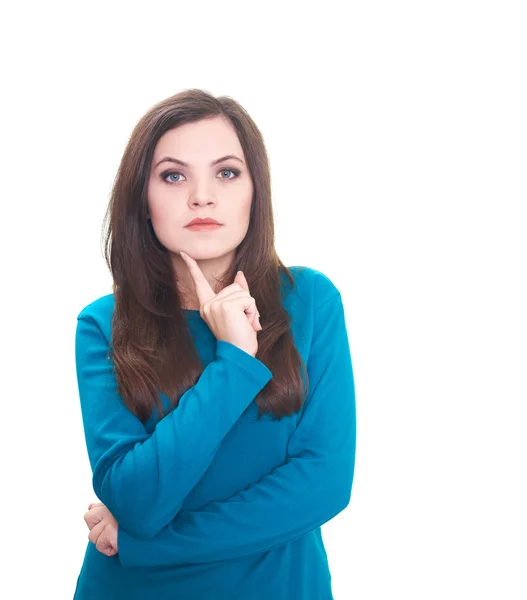 Aantrekkelijke jonge vrouw in een blauw shirt houden haar vinger op haar — Stockfoto