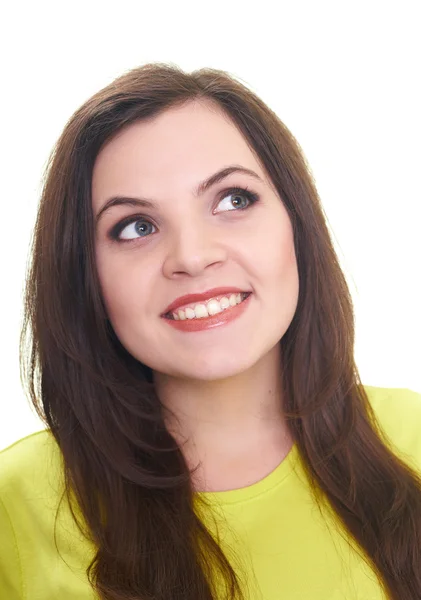 Retrato de sorrir mulher jovem atraente em uma camisa amarela. Gi — Fotografia de Stock