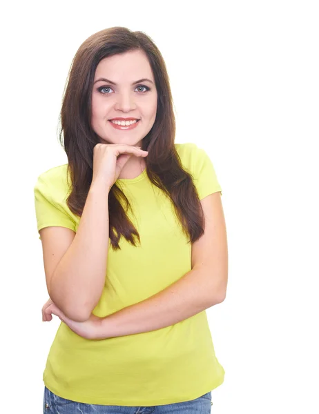 Aantrekkelijke lachende jonge vrouw in een gele overhemd. — Stockfoto