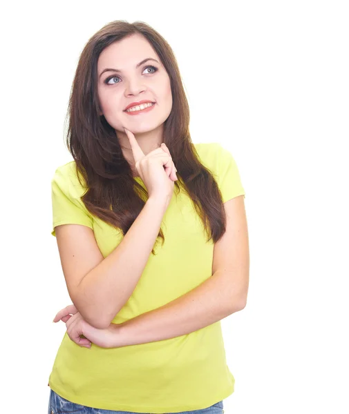 Attractive smiling young woman in a yellow shirt holding her fin — Stock Photo, Image