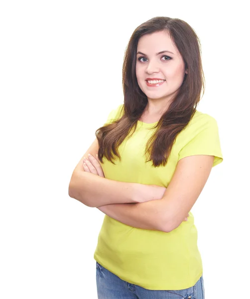 Aantrekkelijke jonge vrouw in een gele overhemd toont haar linkerhand sig — Stockfoto