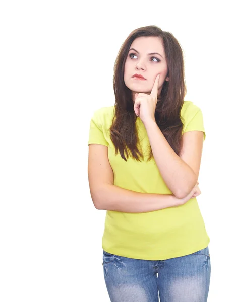 Atraktivní mladá žena ve žluté drží prst na h — Stock fotografie