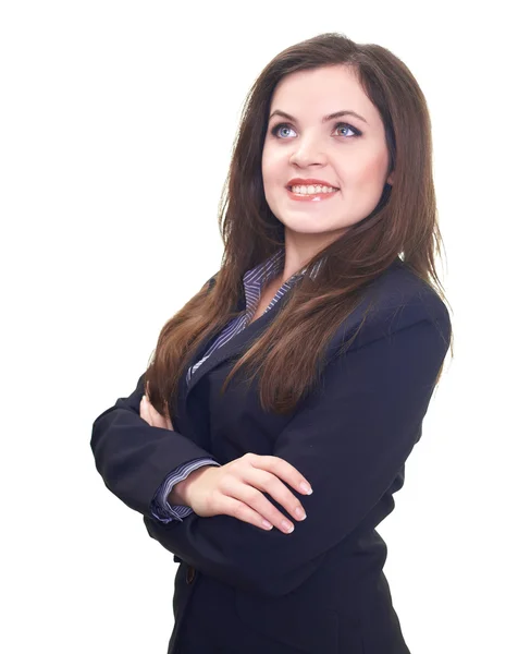 Attractive smiling young woman in black jacket looking at the up — Stock Photo, Image