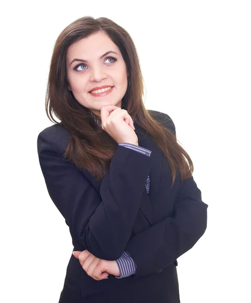 Attractive smiling young woman in black jacket looking at the up — Stock Photo, Image