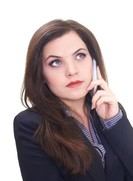 Attractive young woman in a black jacket talking on a mobile pho — Stock Photo, Image