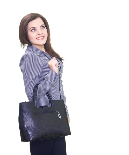 Attraktive lächelnde junge Frau in einer grauen Bluse, die ein schwarzes — Stockfoto