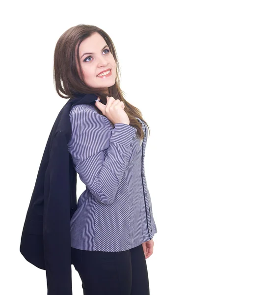 Atractiva joven sonriente en una blusa gris sostiene un ja negro —  Fotos de Stock