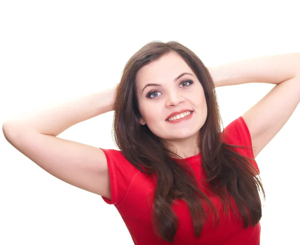 Ελκυστική χαμογελώντας νεαρή γυναίκα με ένα κόκκινο πουκάμισο, σήκωσε τα χέρια της — Φωτογραφία Αρχείου