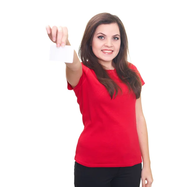 Aantrekkelijke lachende jonge vrouw in een rode shirt houden in haar rig — Stockfoto