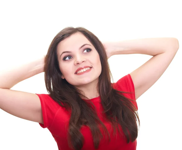 Aantrekkelijke jonge vrouw in een rode shirt glimlachen, opgeheven haar handen — Stockfoto