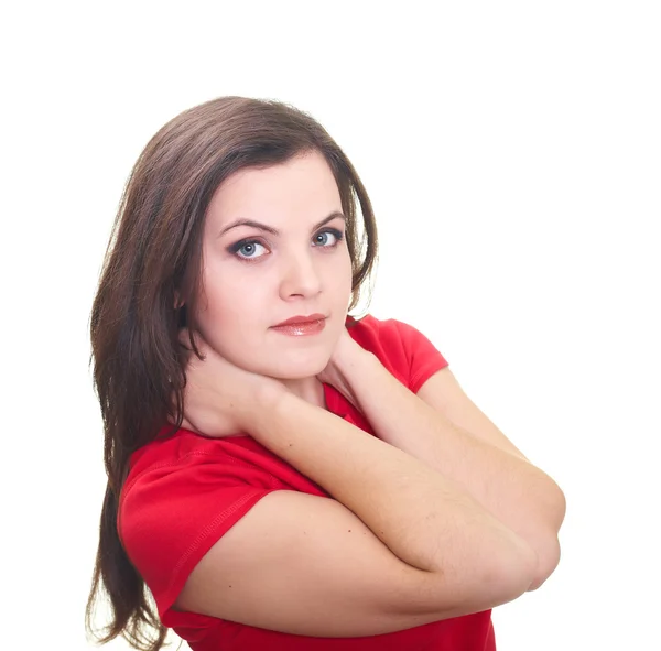 Attraktivt leende ung kvinna i en röd skjorta kramade henne hals wi — Stockfoto