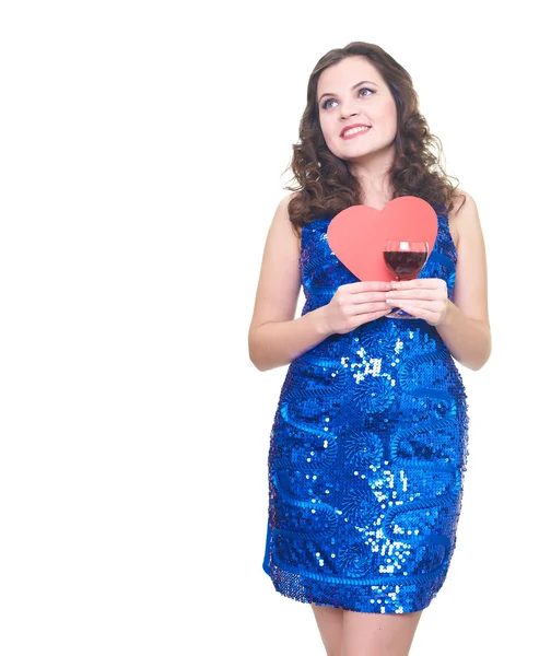 Atrakcyjny uśmiechający się młoda kobieta w sukni niebieski błyszczący gospodarstwo gla — Zdjęcie stockowe