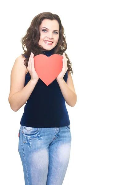 Attractive smiling young woman in a blue shirt holding red paper — Stock Photo, Image