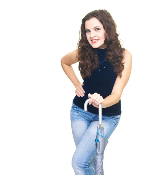 Feliz sorrindo jovem mulher em uma camisa azul colocar no chão perto — Fotografia de Stock