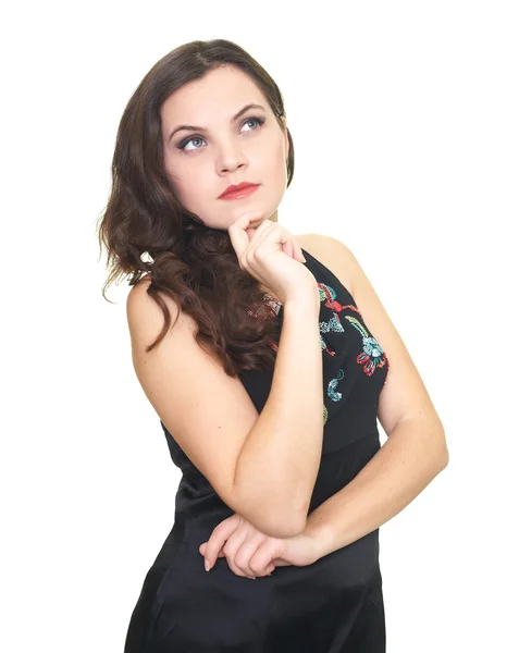 Attractive young woman in black shirt in thought. — Stock Photo, Image