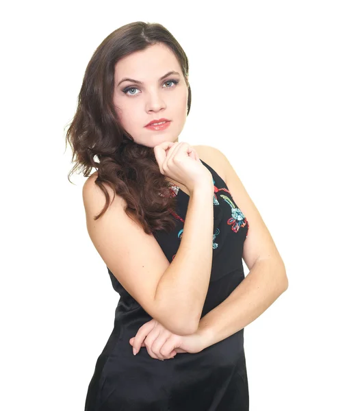 Attractive young woman in a black shirt. Isolated on white backg — Stock Photo, Image