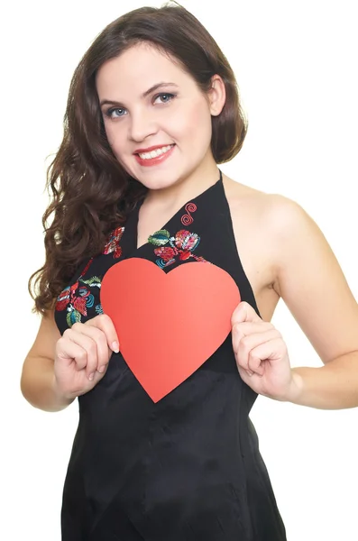 Portrait of attractive young woman in a black shirt. Woman holds — Stock Photo, Image