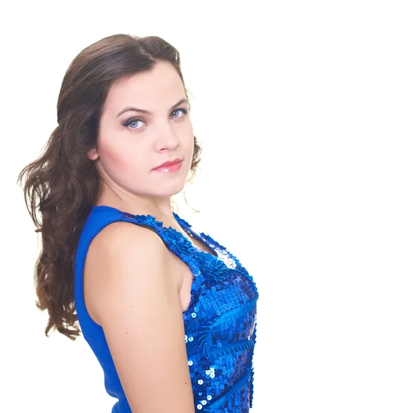 Attractive young woman in shiny blue dress. — Stock Photo, Image