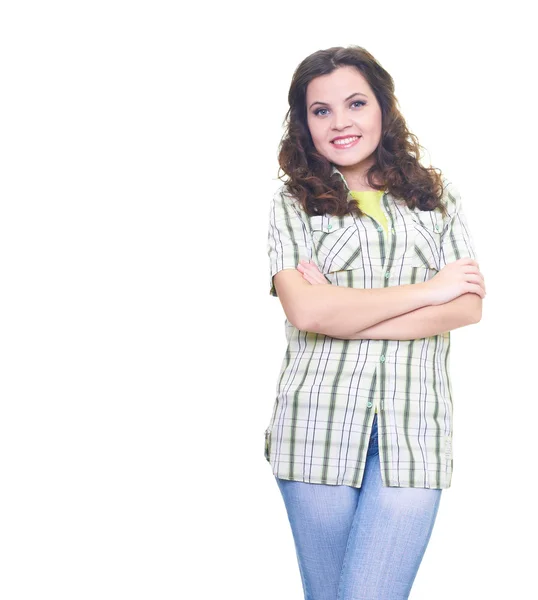 魅力的な笑顔の格子縞のシャツに立っている若い女性 wi — ストック写真