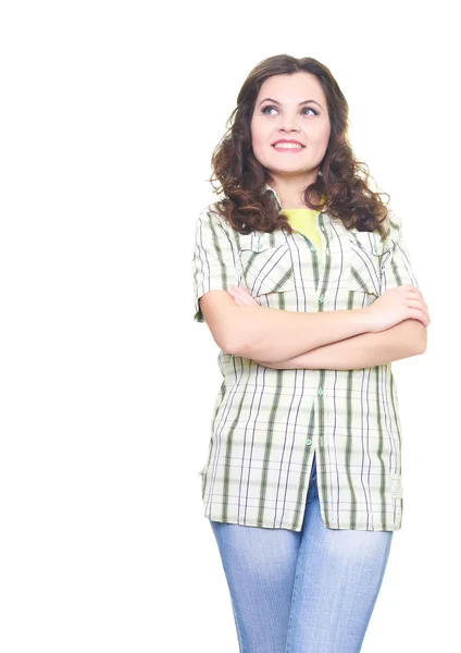 Attractive smiling young woman in a checkered shirt, standing wi — Stock Photo, Image