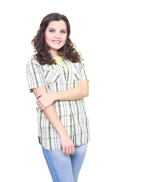 Привлекательная улыбающаяся молодая женщина в клетчатой рубашке . — стоковое фото