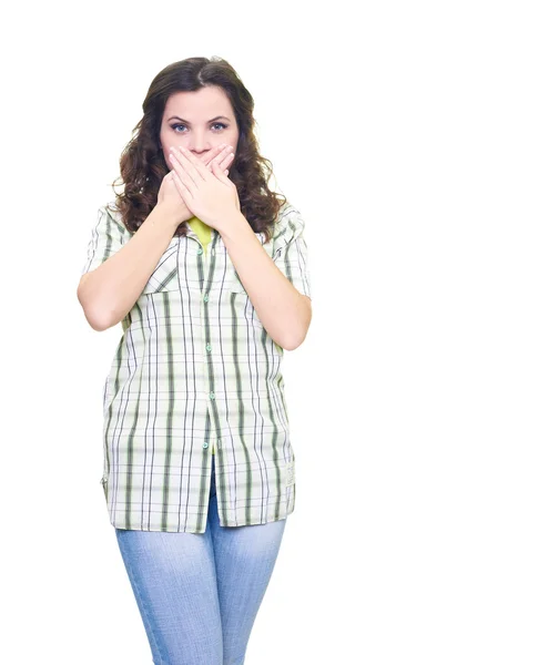 Attrayant jeune femme dans une chemise à carreaux couvert sa bouche wi — Photo