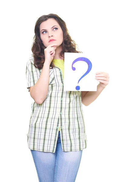 Attractive young woman in a checkered shirt holding a poster wit — Stock Photo, Image